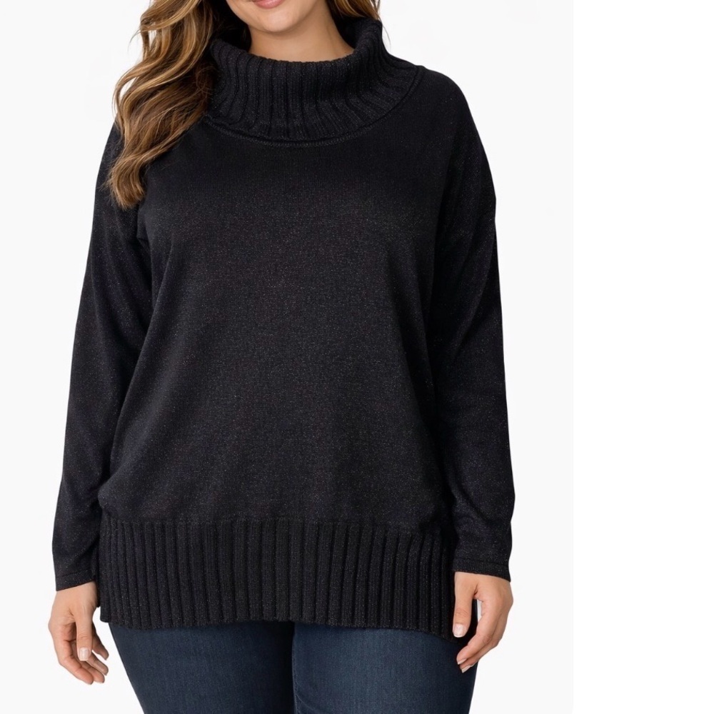 Jones New York sweater Collection black W/ silver Cowl neck chunky Sz XL